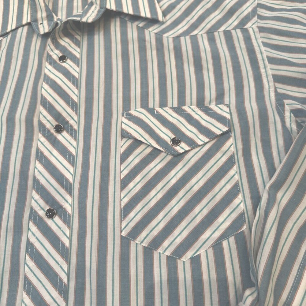 Vintage Rustler Shirt Mens 17/35 Blue Striped X Long Tails Pearl‎ Snap * Read